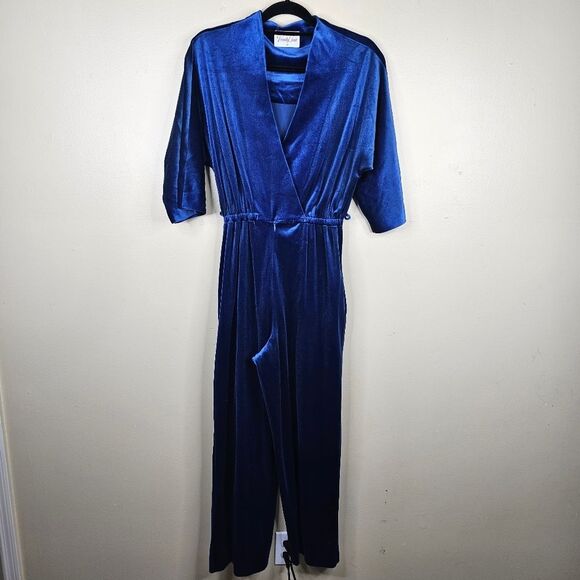 Vanity Fair vintage blue velvet jumpsuit size M - Picture 1 of 11